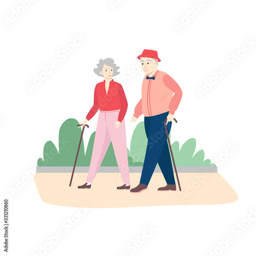 Senior people. Cute elderly couple walking in the park in spring. Vector cartoon flat illustration