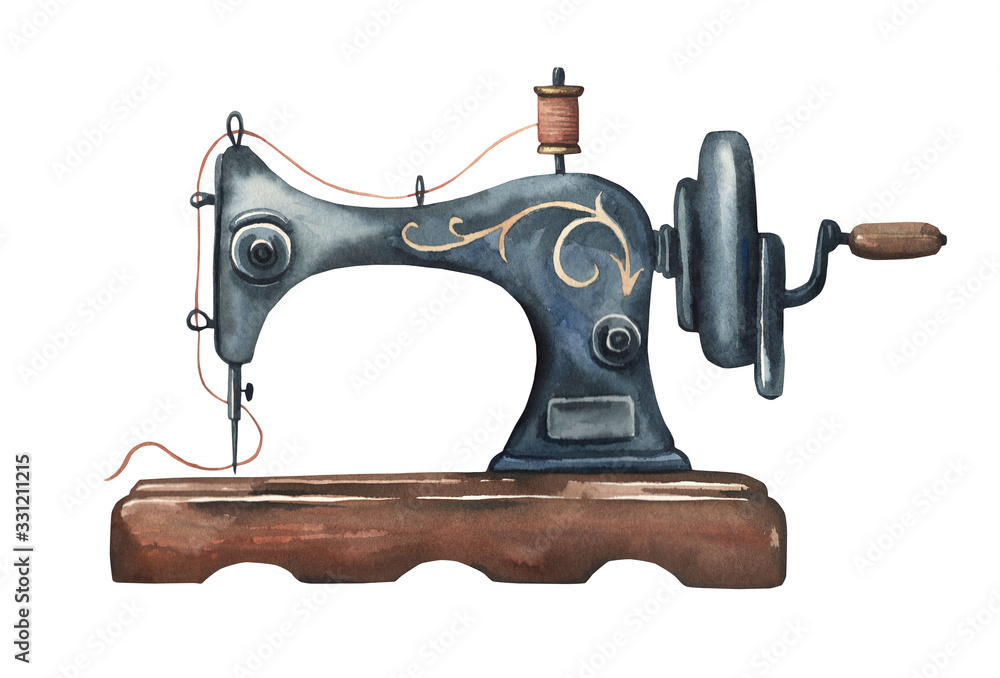 Watercolor vintage sewing machine. Black metall antique sewing machine. 