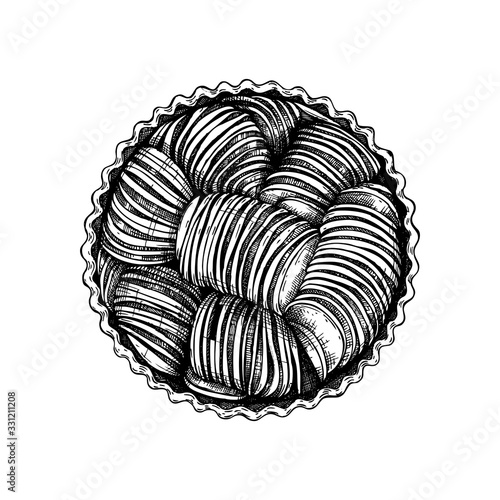 Traditional apple pie sketch. Vector illustration of ink hand drawn fruit and berry baking. Homemade apple cake drawing. Sweet bakery. 