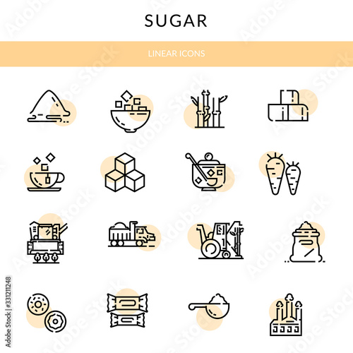 Sugar production, growing and processing. Linear icons
