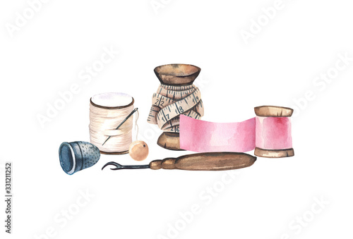 Sewing supplies, spool of thread,  measuring tape composition. Watercolor hand drawn sewing  illustration isolated on white background.