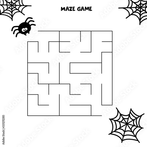 Halloween maze game. Spider and his web. Worksheet for kids. Maze for kids.