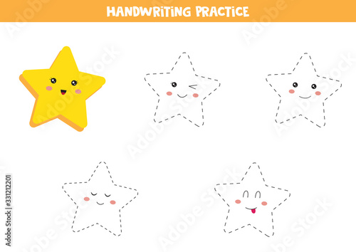 Handwriting practice for kids. Preschool worksheet. Smiling stars. Set of kawaii stars. Educational worksheet for kids.