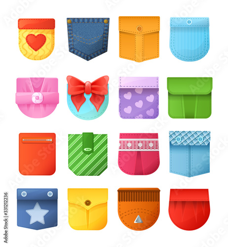 Colorful patch pockets for jeans, jackets, bags, shirt. Patched denim pocket and comfortable pocket patches with seam and buttons. Stylish casual clothing accessories. Vector illustration isolated