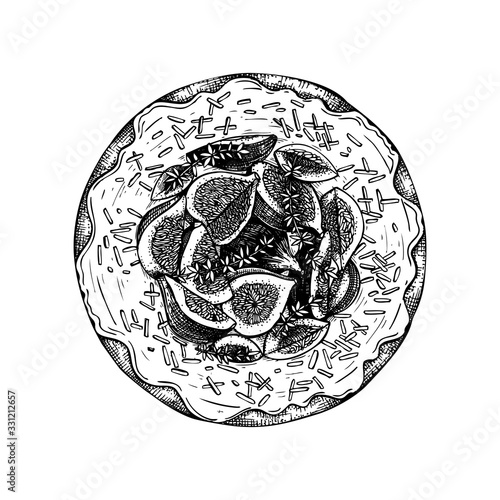 Fig pie with cream sketch. Vector illustration of ink hand drawn fruit and berry baking. Homemade fig fruits cake drawing. Sweet bakery. 
