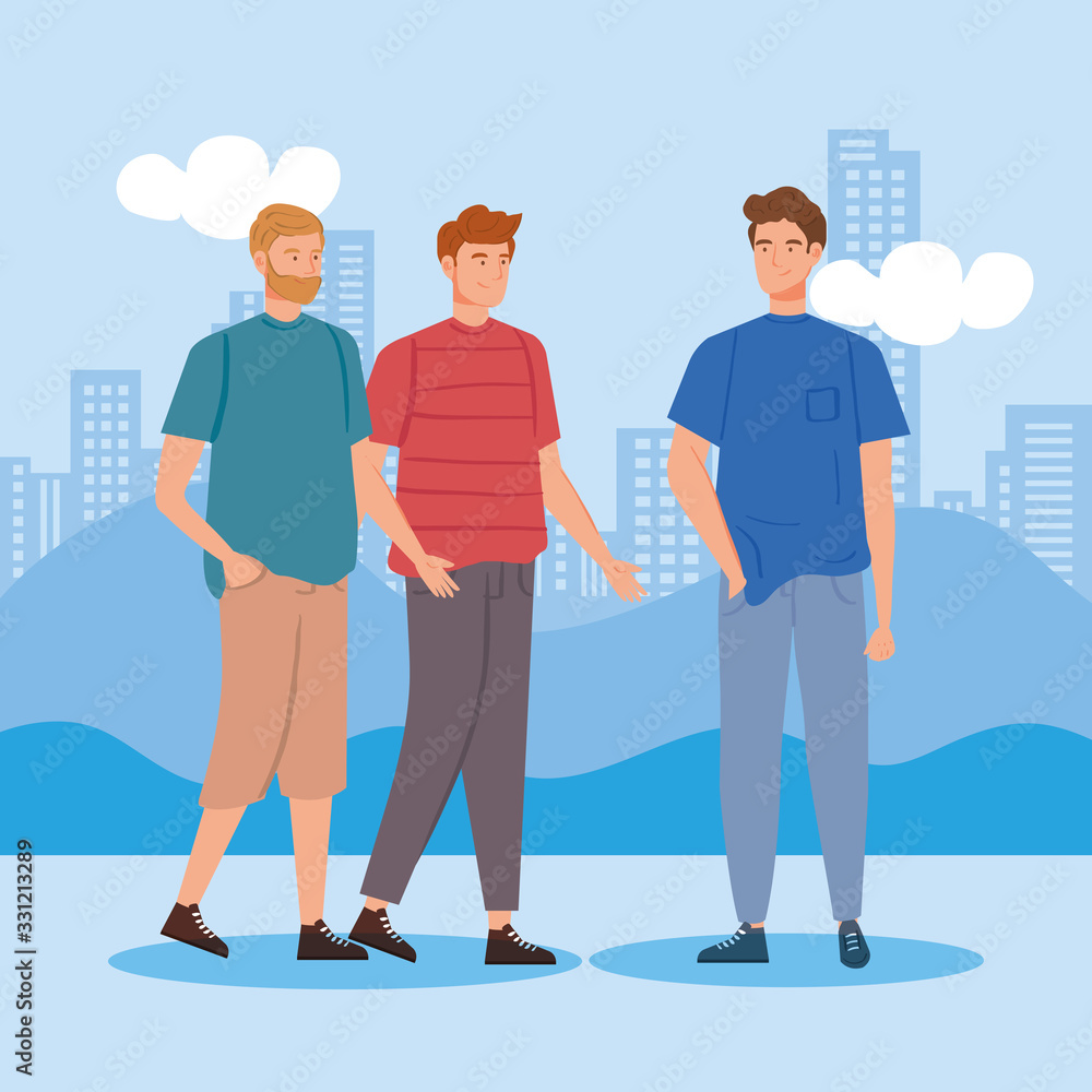 Obraz premium group of young men in cityscape vector illustration design