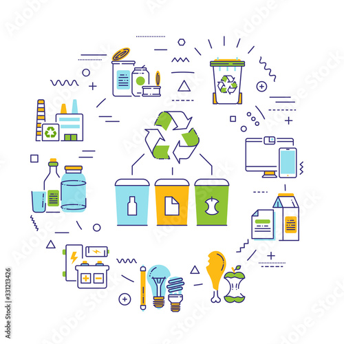 Recycling web banner. Garbage sorting. Zero waste lifestyle. Eco friendly. Infographics with linear icons on green background. Isolated outline color illustration.