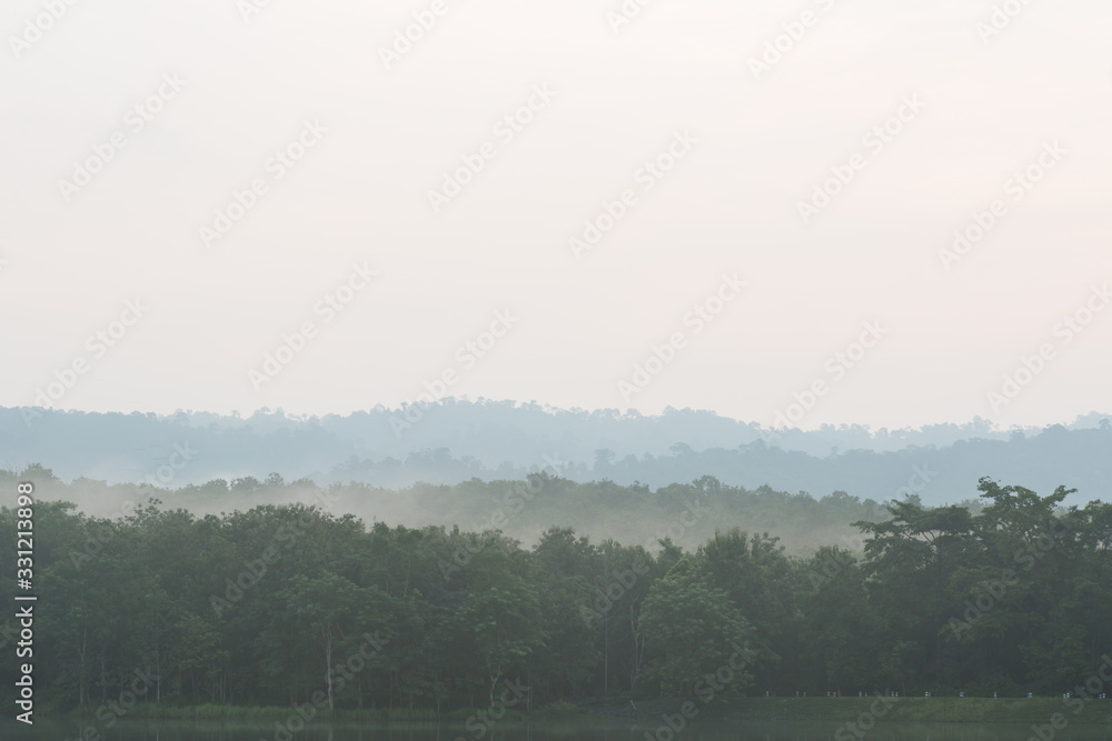 Beautiful nature and fog on the reservoir at Jetkod-Pongkonsao Natural Study in Saraburi Thailand	