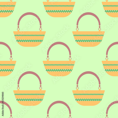 Seamless pattern with yellow oval beach bag with green geometric on green background.Bright summer pattern for textiles.For beachwear.Vector illustration