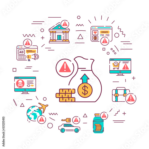 Scam web banner. A fraudulent scheme performed by a dishonest individual. Infographics with linear icons on blue background. Creative idea concept.