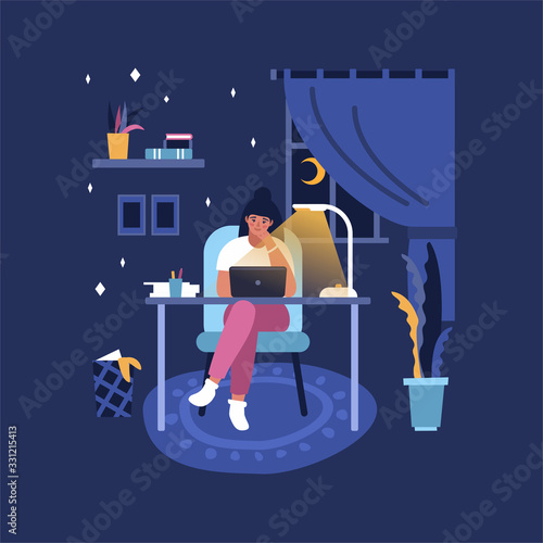 Computer internet work concept with people in office and home. Young man and woman sitting at the computer desk with laptop and working