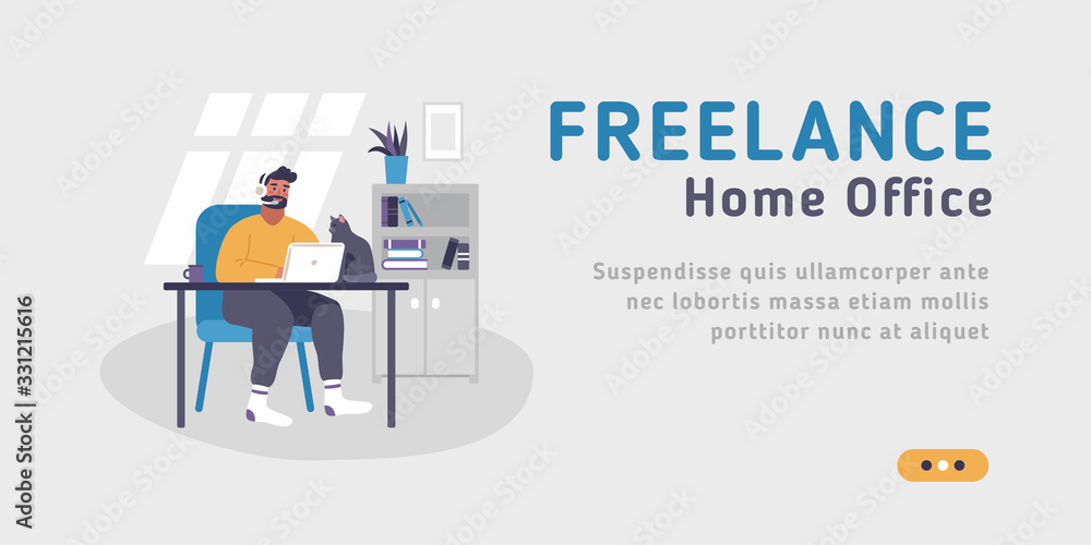 Web landing page template for freelance, work at home, online jobs and home office. Vector illustration on the grey background of young man sitting at desk with laptop. Web landing page template for freelance, work at home, online jobs and home office. Vector illustration on the grey background of young man sitting at desk with laptop.