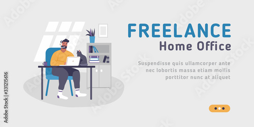 Web landing page template for freelance, work at home, online jobs and home office. Vector illustration on the grey background of young man sitting at desk with laptop.