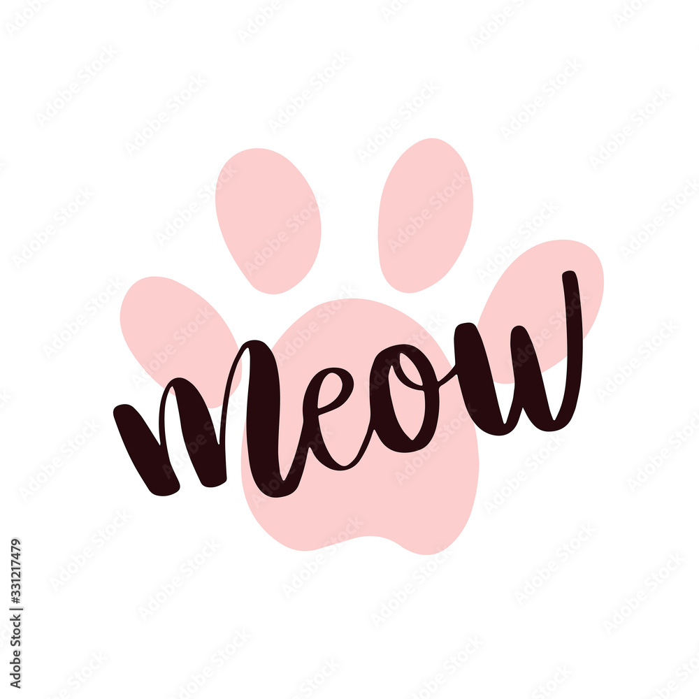 Obraz premium Calligraphic lettering phrase Meow with a pink cat paw print isolated on white. Hand lettering typography design for cards, poster, home decorations, t shirt design.Vector illustration.