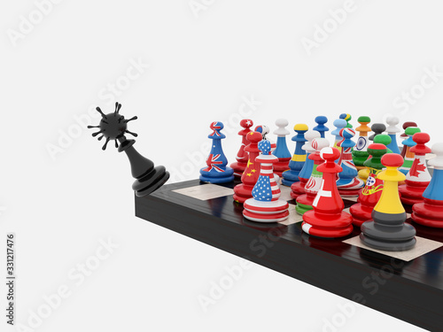 coronavirus covid 19 countries chess pawns and virus concept - 3d rendering