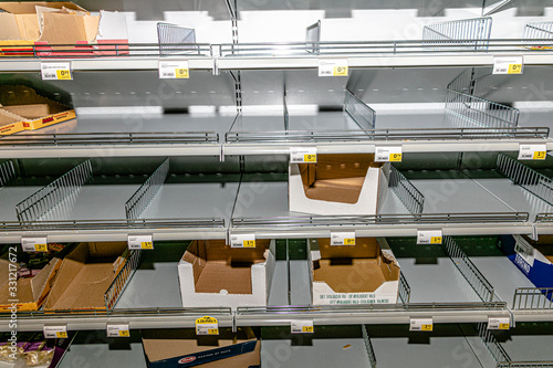 03/14/2020 empty shelves in stores in Finland. Espoo. Concept: Coronavirus Panic, Covid-19