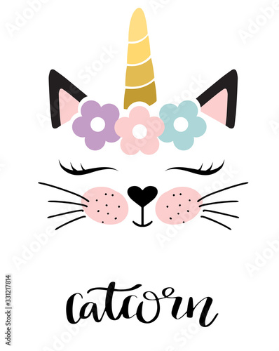 catcorn. Lovely, cartoon cat unicorn and lettering text on polca dot background. Cute vector for clothing print, children print on t-shirt for girl. photo