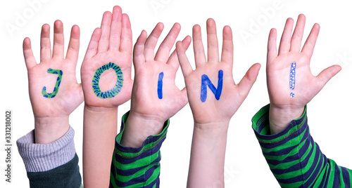 Children Hands Building Colorful English Word Join. White Isolated Background