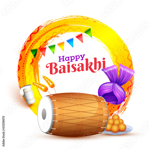 Happy Baisakhi Celebration with Dhol, Turban, Wheat Ear, Indian Sweet (Laddu) and Circle Yellow Brush Stroke on White Background.