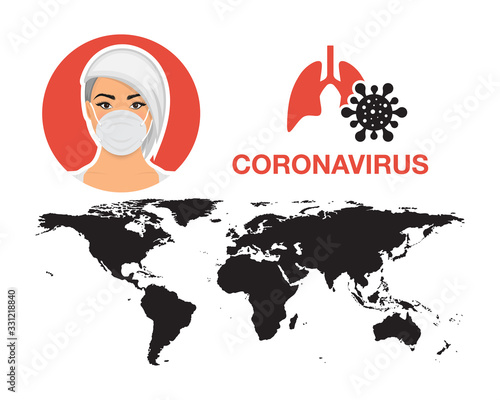 Woman wearing protective medical mask for prevent coronavirus. Lung disease. World map. Vector Cartoon Illustration.