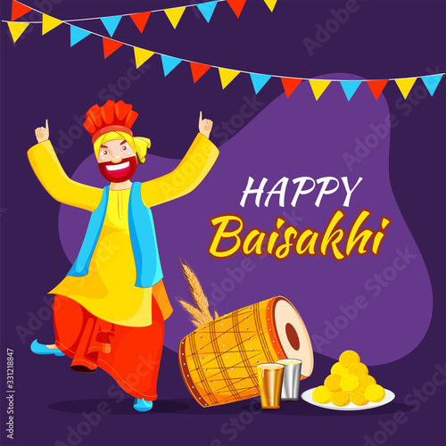 Cartoon Punjabi Man doing Bhangra Dance with Dhol, Wheat Ear, Indian Sweet (Laddu) and Glass of Lassi on Purple Background for Happy Baisakhi Celebration.