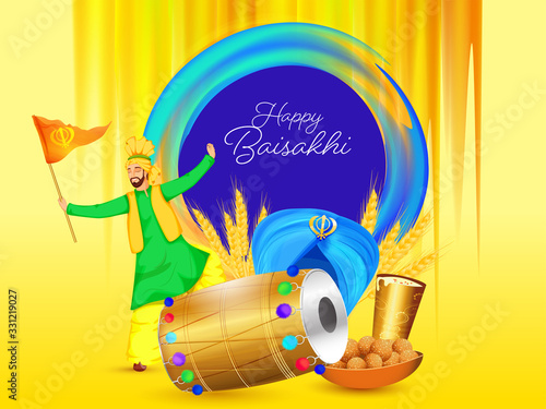 Punjabi Man holding Khanda Flag in Bhangra Dance with Dhol, Turban, Wheat Ear, Indian Sweet and Glass of Lassi on Yellow and Blue Mesh Background.