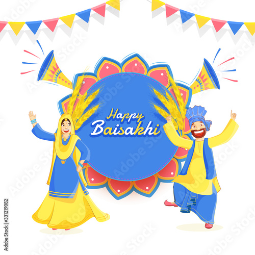 Punjabi Couple doing Bhangra Dance with Wheat Ear and Loudspeakers and Bunting Flag Decorated on White Background for Happy Baisakhi Celebration.