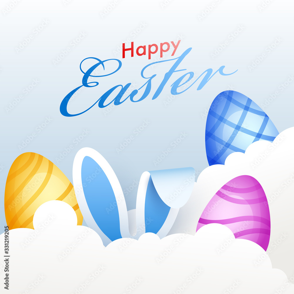 Happy Easter Font with Colorful Painted Eggs and Bunny Ear on Paper Cut Cloud Background.