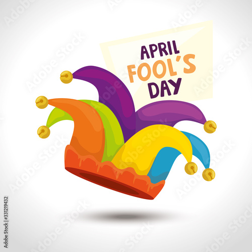 april fool day with hat jester and icons vector illustration design