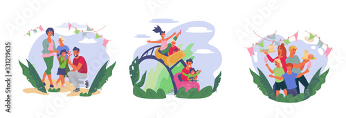 Set of people - family with walking and having fun in park or at street festival. Summer vacation leisure and family weekend recreation - collection. Flat vector illustration isolated.