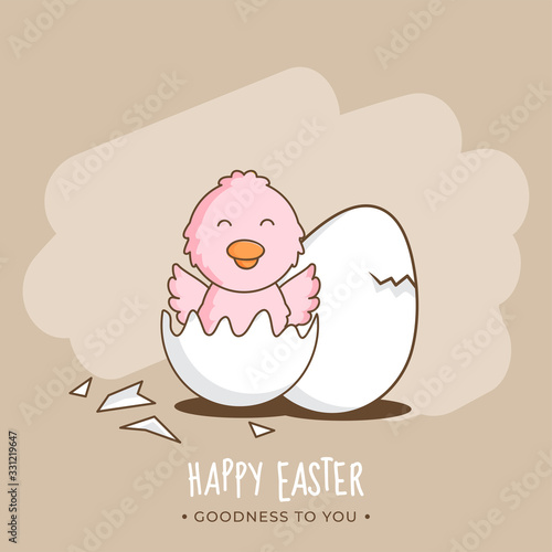 Cute Chick in Broken Egg with Crack Egg on Pastel Brown Background for Happy Easter, Goodness To You.