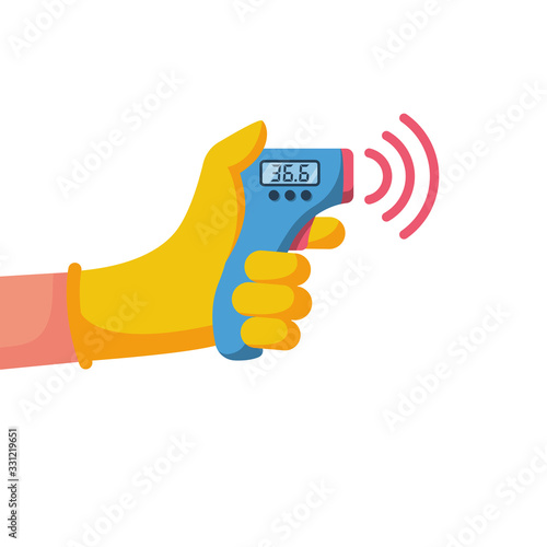 Digital non-contact infrared thermometer in hand doctor. Medical thermometer measuring body temperature. Vector flat design. Isolated white background. Prevention of coronavirus disease 2019-nCoV.