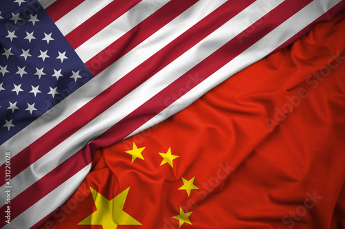 Close Up Flag of United States of America and China. Economic Diplomacy, Global Trade and Relationship Concept. Silk Fabric, High Resolution. 