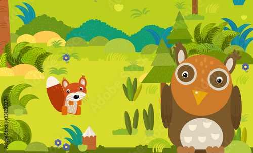 cartoon scene with different european animals in the forest illustration