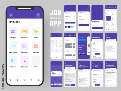 Job Search App UI Kit for Responsive Web Template with Different Application Layout Including Create Account, Job Vacancy, Preference and User Recruitment.