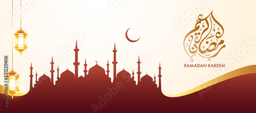 Arabic Calligraphy of Ramadan Kareem, Crescent Moon, Silhouette Mosque and Hanging Golden Illuminated Lanterns on White Background. Header or Banner Design.