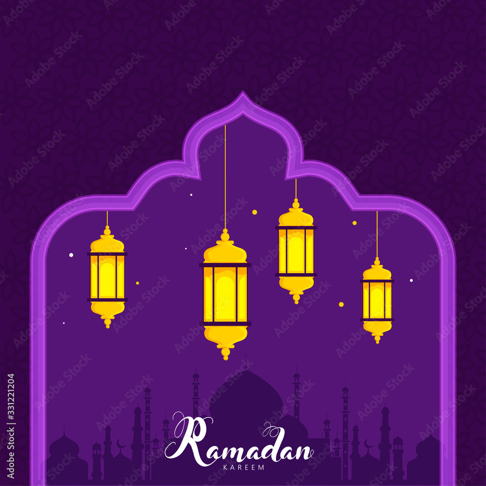 Ramadan Kareem Font with Hanging Lanterns Decorated on Mosque Purple Islamic Pattern Background.