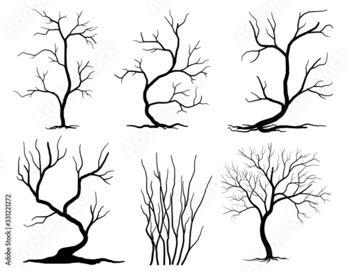 Black Branch Tree or Naked trees silhouettes set. Hand drawn isolated illustrations.