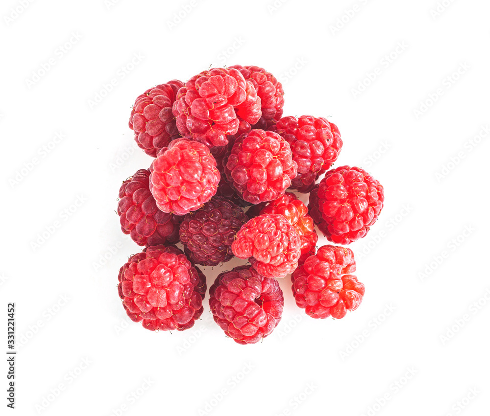 Heap of Ripe raspberries with green leaf isolated Heap of Ripe raspberries with green leaf isolated