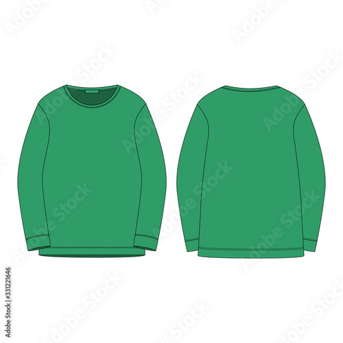 Sportswear green sweatshirt isolated on white background. Front and back technical sketch.