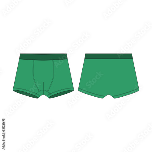 Boxer shorts in green color technical sketch. Boxers underpants