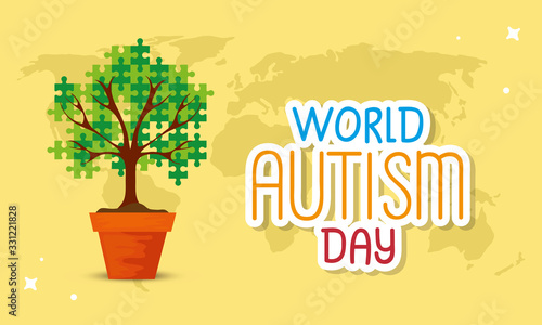 world autism day with tree of puzzle pieces vector illustration design