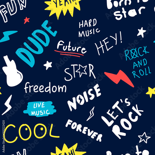 Hand drawn rock n roll elements. Rock star about doodle illustration. Vector illustration. Hand drawing slogans and icons vector.
