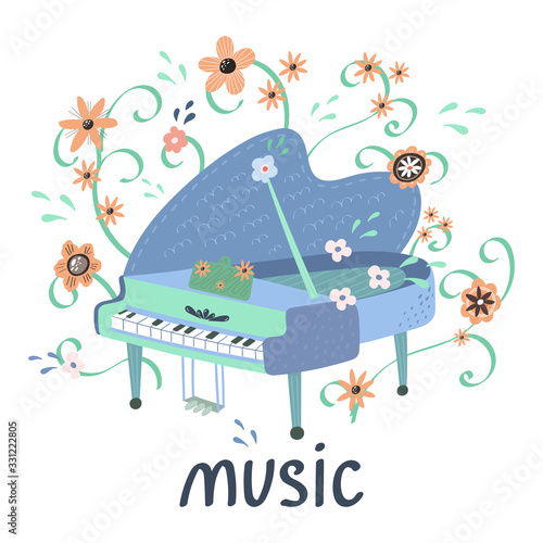 Illustration with Creative piano and hand lettering. Great element for music festival or t-shirt. Vector concept