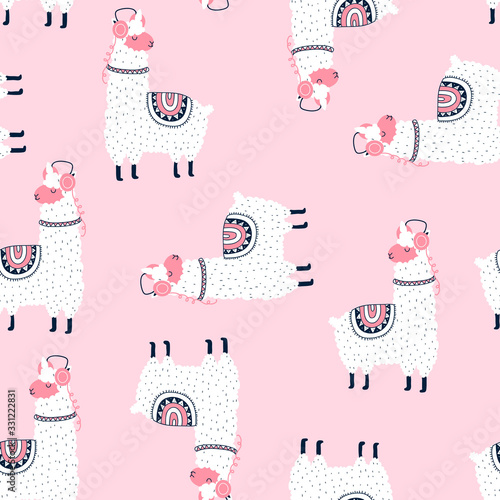 Vector sketch llama seamless pattern for boys. Hand-drawing vector.