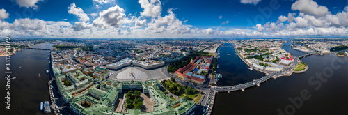 Aerial panorama of Saint Petersburg, Russia, the Hermitage museum, Winter Palace, Palace Square, green roofs, Alexander column, Arch of General Staff, yard of Hermitage, Neva river, embankment