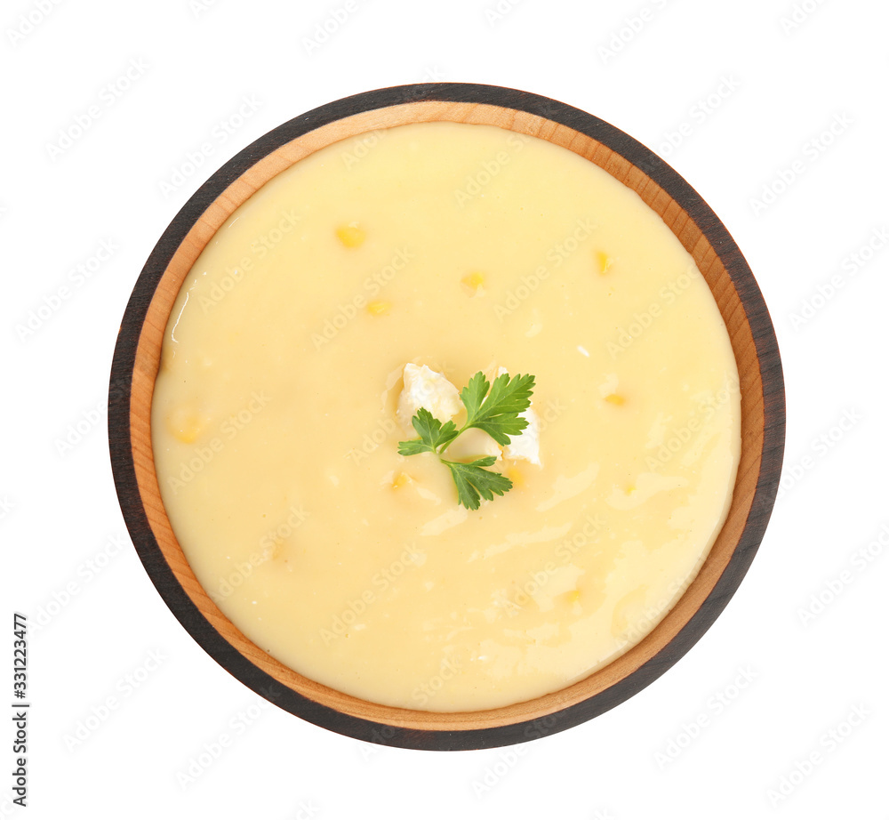Delicious corn cream soup isolated on white, top view Delicious corn cream soup isolated on white, top view