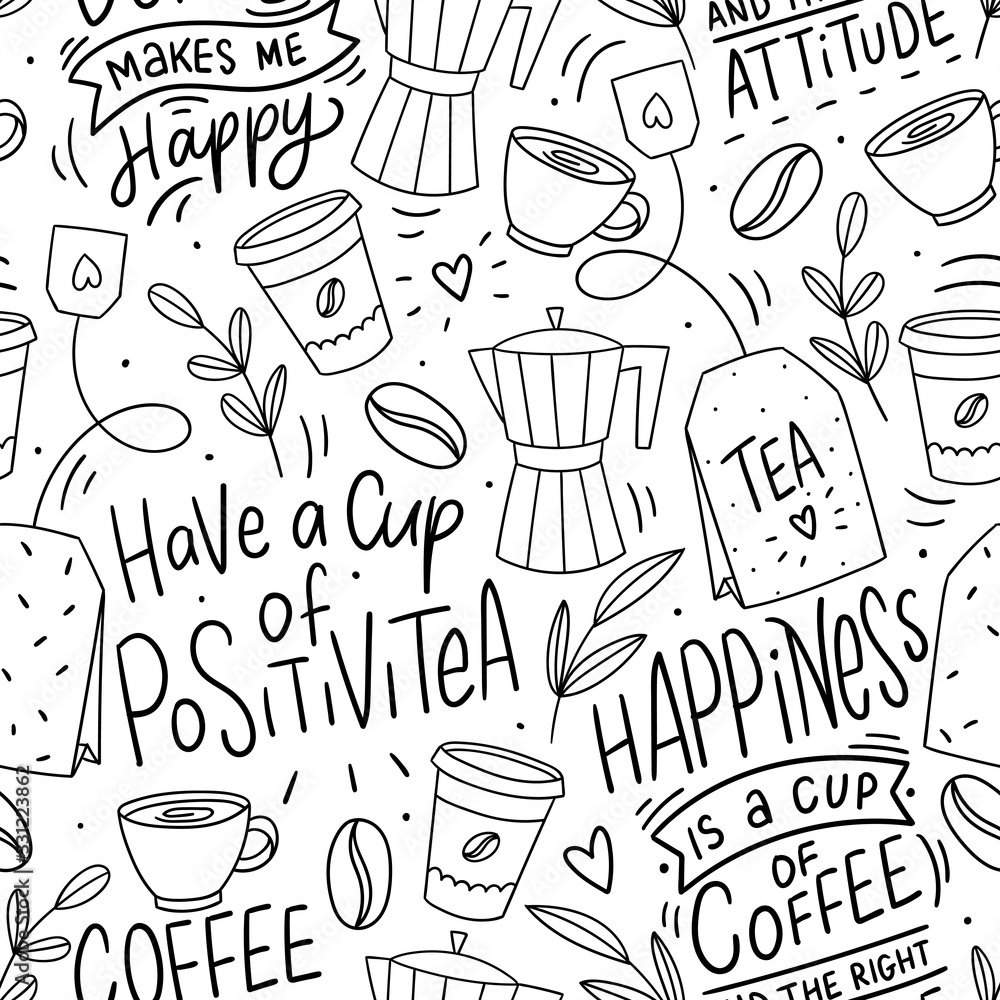 Coffee hand drawn doodle seamless pattern for packaging, textile, print. Modern doodle background with tea and coffee. Coffee hand drawn doodle seamless pattern for packaging, textile, print. Modern doodle background with tea and coffee.