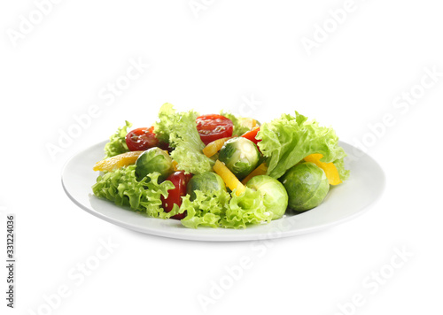Tasty fresh salad with Brussels sprouts isolated on white
