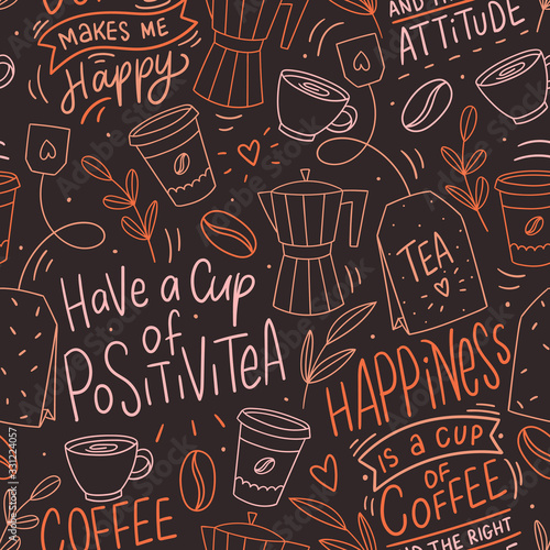 Coffee hand drawn doodle seamless pattern for packaging, textile, print. Modern doodle background with tea and coffee. © Hanifa_design